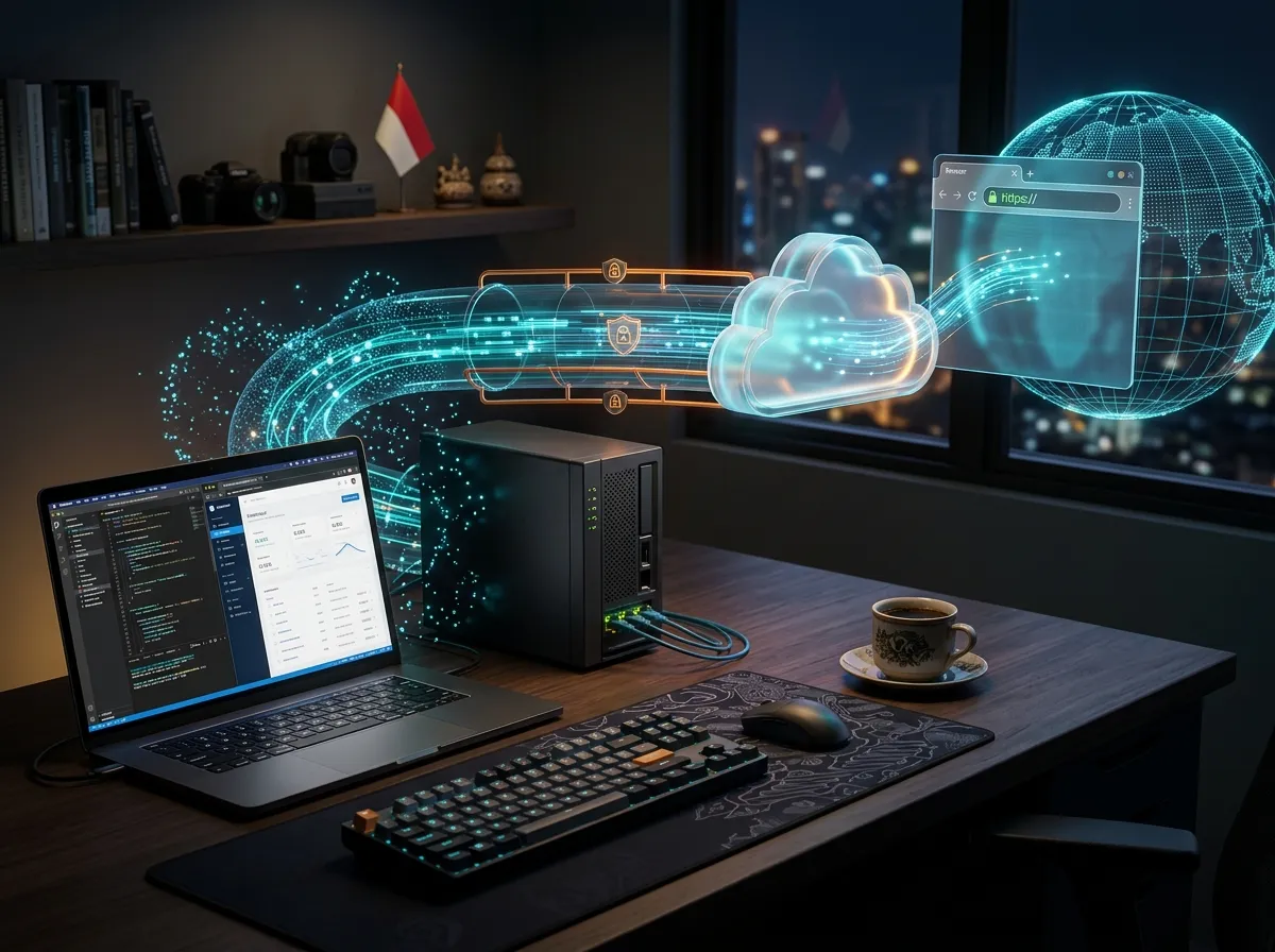 Ilustrasi Cloudflare Tunnel menghubungkan domain publik dengan website Laravel yang berjalan di server lokal melalui koneksi internet aman    Salin semua kolom
